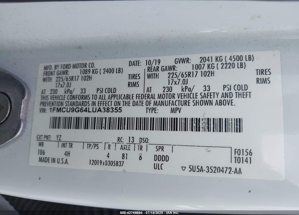 2020 FORD ESCAPE VIN: 1FMCU9G64LUA38355