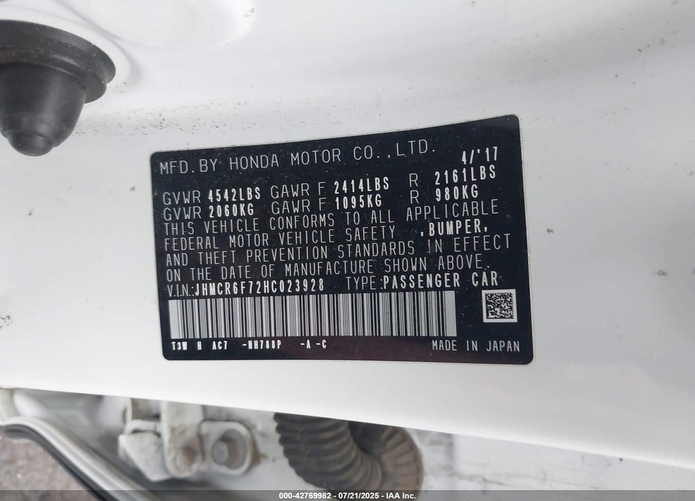 2017 HONDA ACCORD HYBRID TOURING VIN: JHMCR6F72HC023928