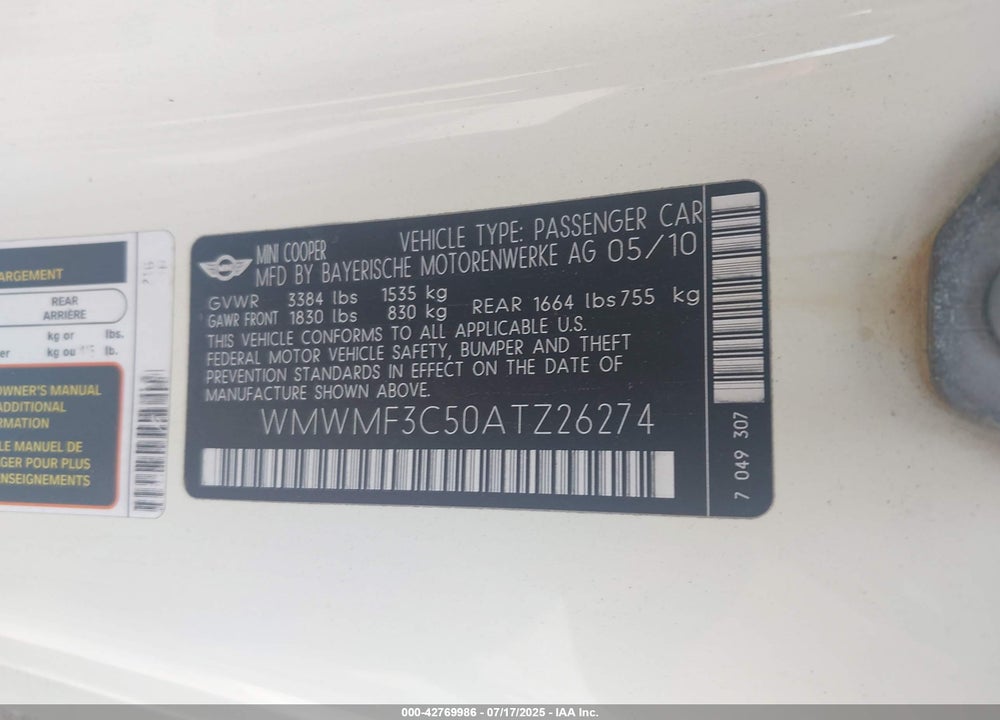 2010 MINI COOPER VIN: WMWMF3C50ATZ26274
