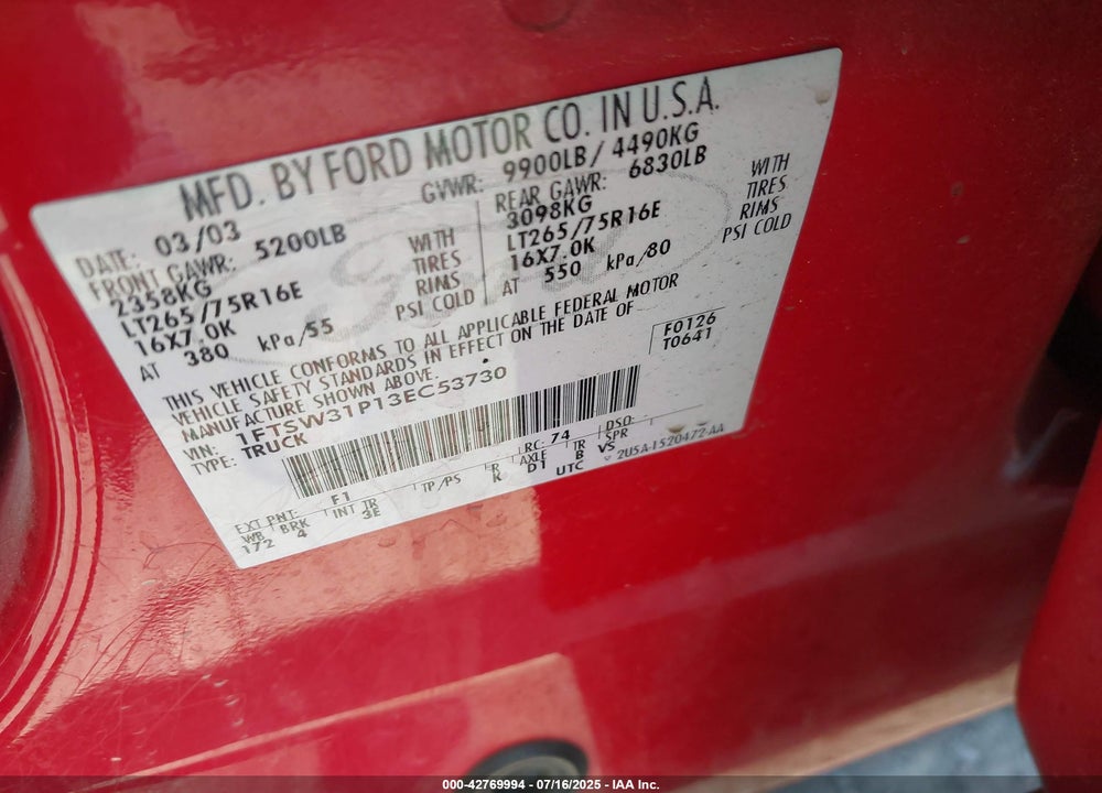 2003 FORD F-350 LARIAT/XL/XLT VIN: 1FTSW31P13EC53730