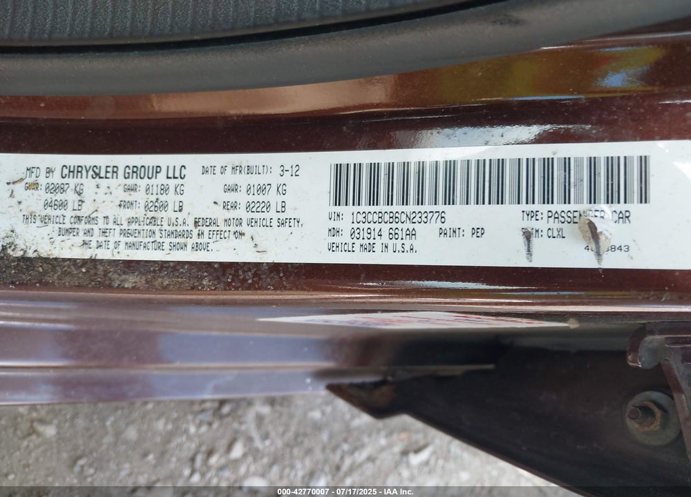 2012 CHRYSLER 200 LIMITED VIN: 1C3CCBCB6CN233776
