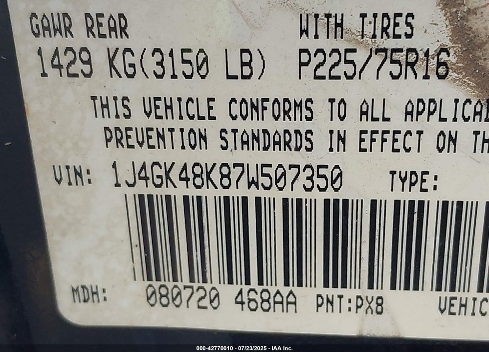 2007 JEEP LIBERTY SPORT VIN: 1J4GK48K87W507350