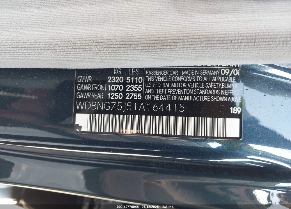 2001 MERCEDES-BENZ S 500 VIN: WDBNG75J51A164415