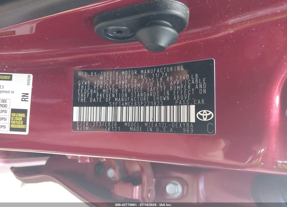 2025 TOYOTA COROLLA VIN: 5YFT4MCE6SP221823