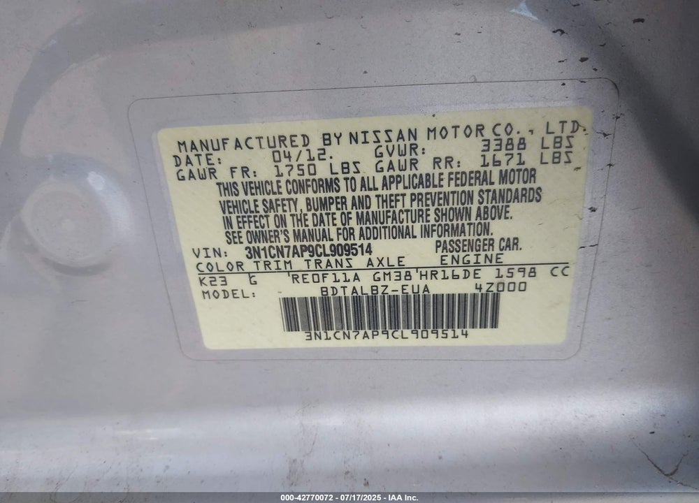 2012 NISSAN VERSA VIN: 3N1CN7AP9CL909514