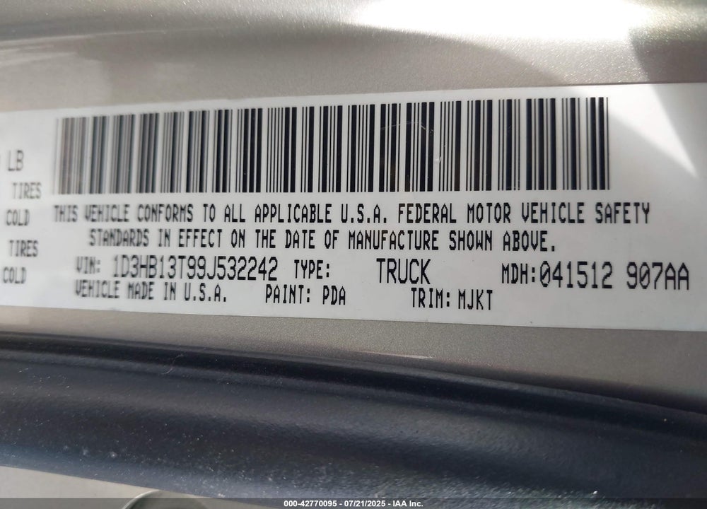 2009 DODGE RAM 1500 VIN: 1D3HB13T99J532242