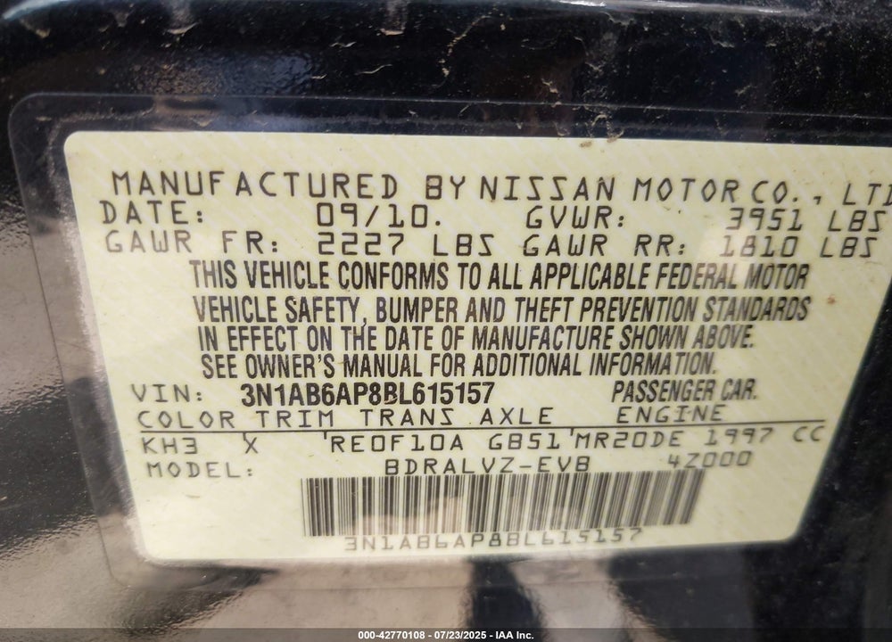 2011 NISSAN SENTRA VIN: 3N1AB6AP8BL615157