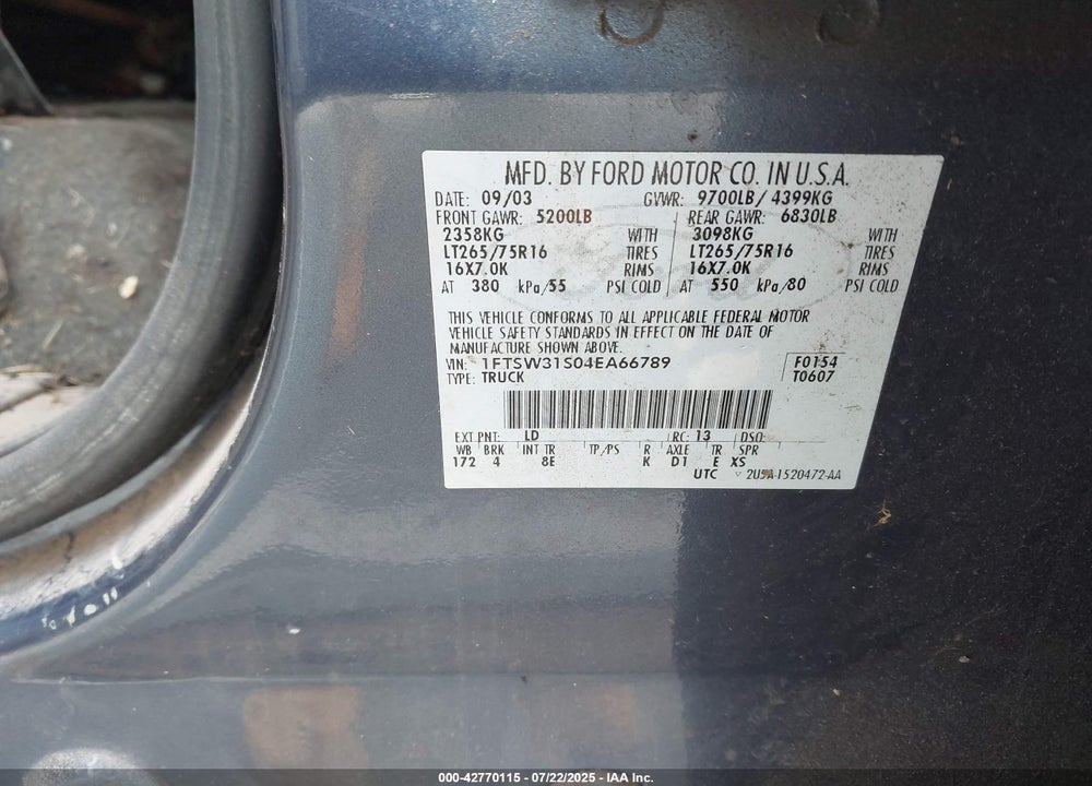 2004 FORD F-350 LARIAT/XL/XLT VIN: 1FTSW31S04EA66789