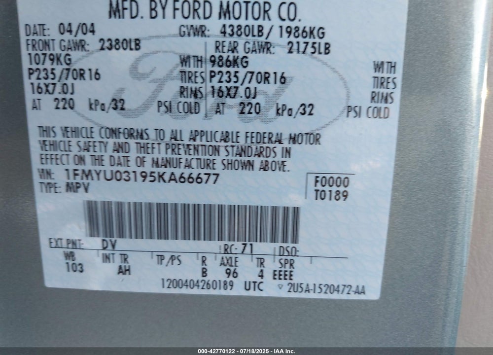 2005 FORD ESCAPE XLT VIN: 1FMYU03195KA66677
