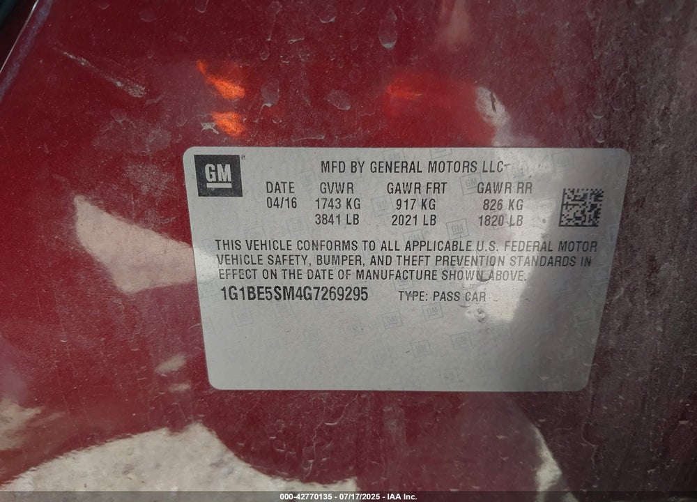 2016 CHEVROLET CRUZE LT AUTO VIN: 1G1BE5SM4G7269295