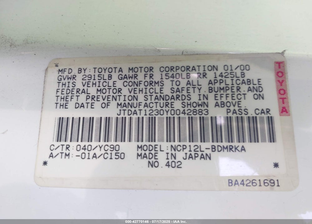 2000 TOYOTA ECHO VIN: JTDAT1230Y0042883