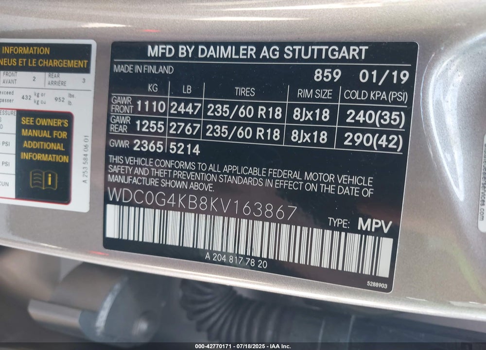 2019 MERCEDES-BENZ GLC CLASS VIN: WDC0G4KB8KV163867
