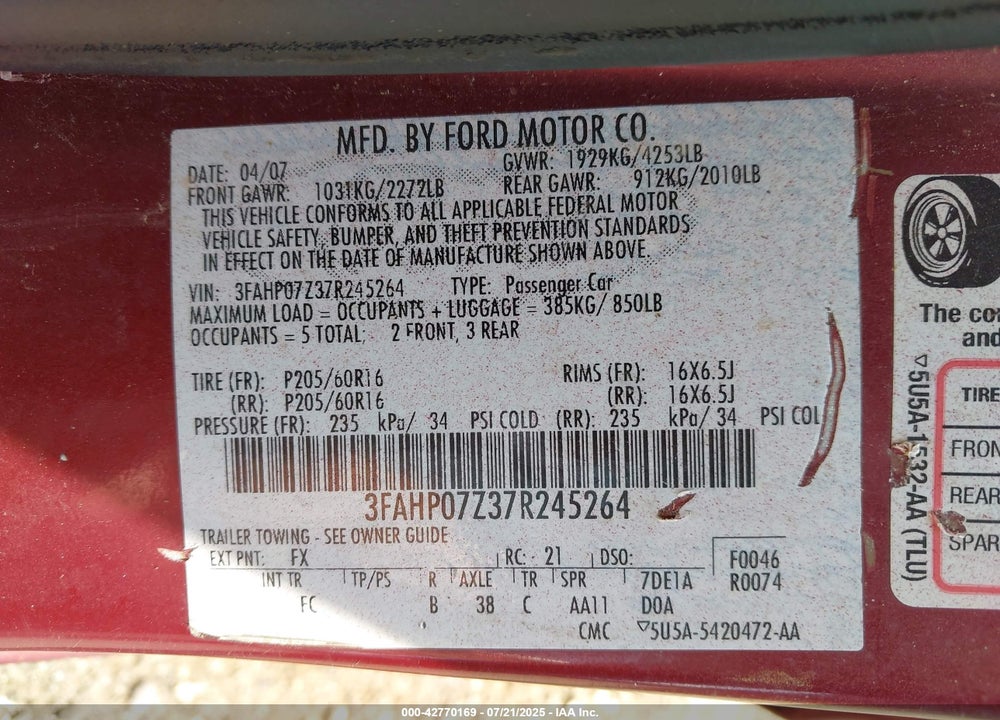 2007 FORD FUSION VIN: 3FAHP07Z37R245264