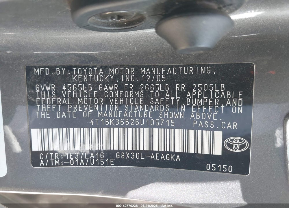 2006 TOYOTA AVALON VIN: 4T1BK36B26U105715
