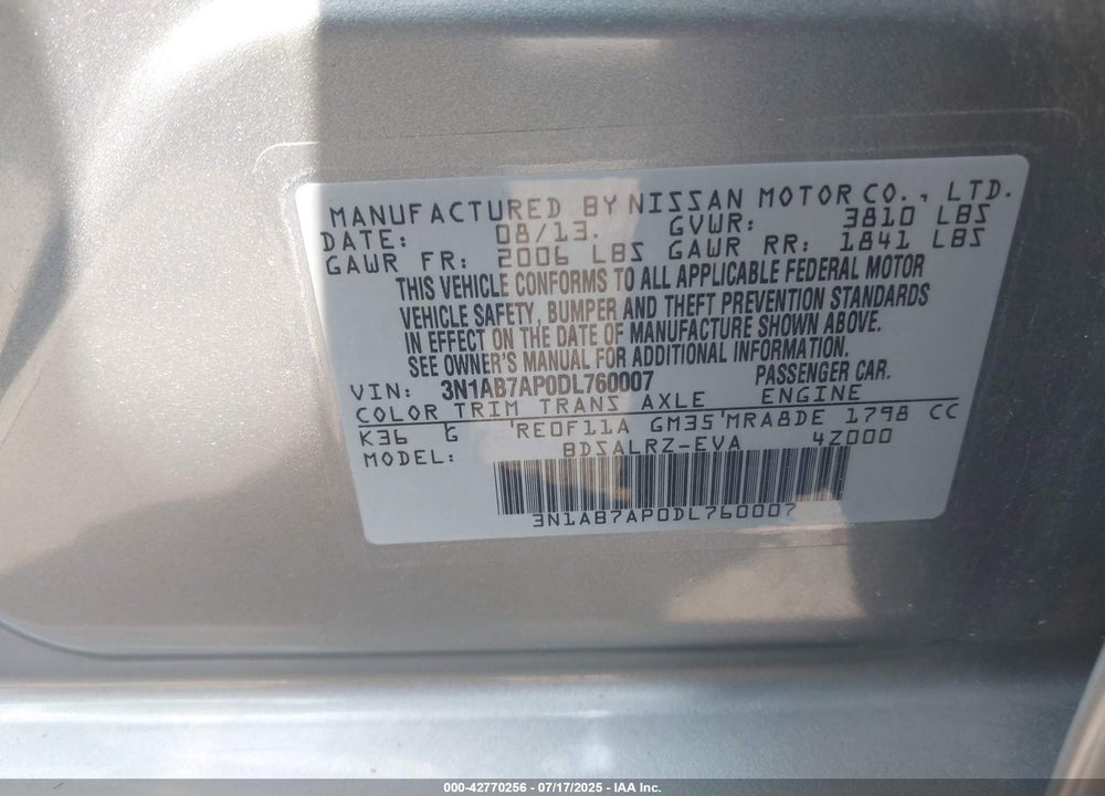 2013 NISSAN SENTRA VIN: 3N1AB7AP0DL760007