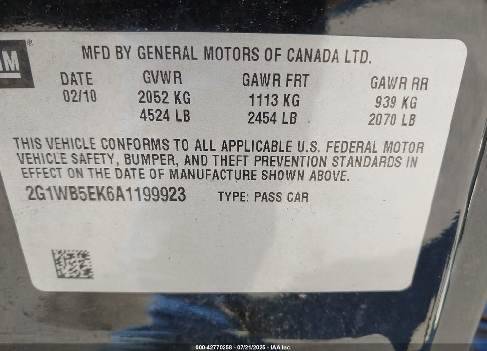 2010 CHEVROLET IMPALA VIN: 2G1WB5EK6A1199923