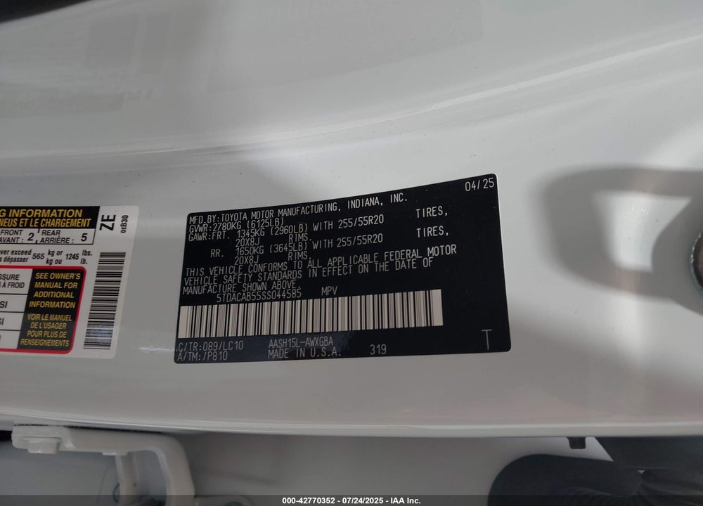 2025 TOYOTA GRAND HIGHLANDER HYBRID LIMITED VIN: 5TDACAB55SS044585