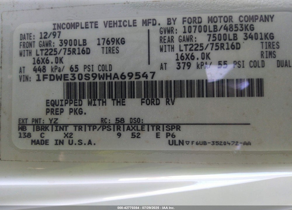 1998 FORD ECONOLINE E350 CUTAWAY VAN VIN: 1FDWE30S9WHA69547