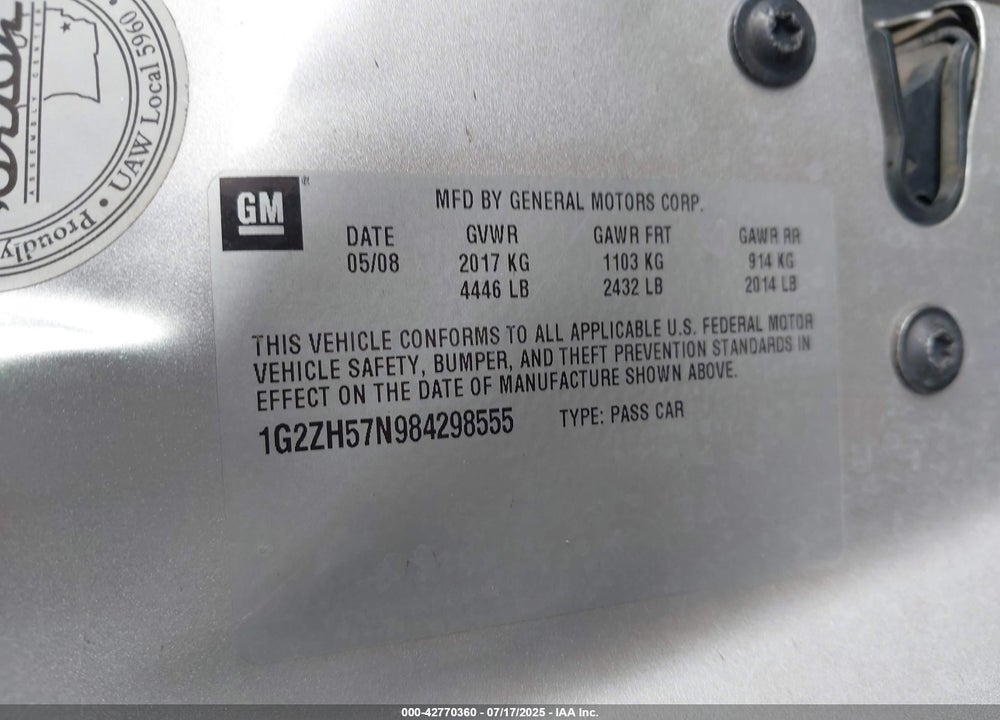 2008 PONTIAC G6 GT VIN: 1G2ZH57N984298555