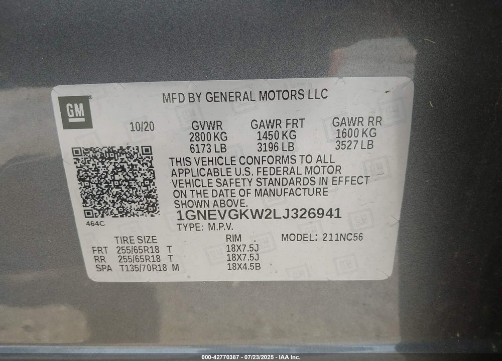 2020 CHEVROLET TRAVERSE VIN: 1GNEVGKW2LJ326941