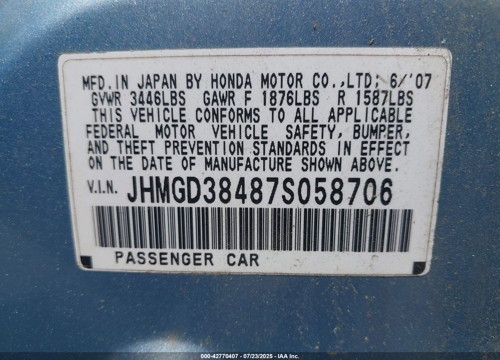 2007 HONDA FIT VIN: JHMGD38487S058706