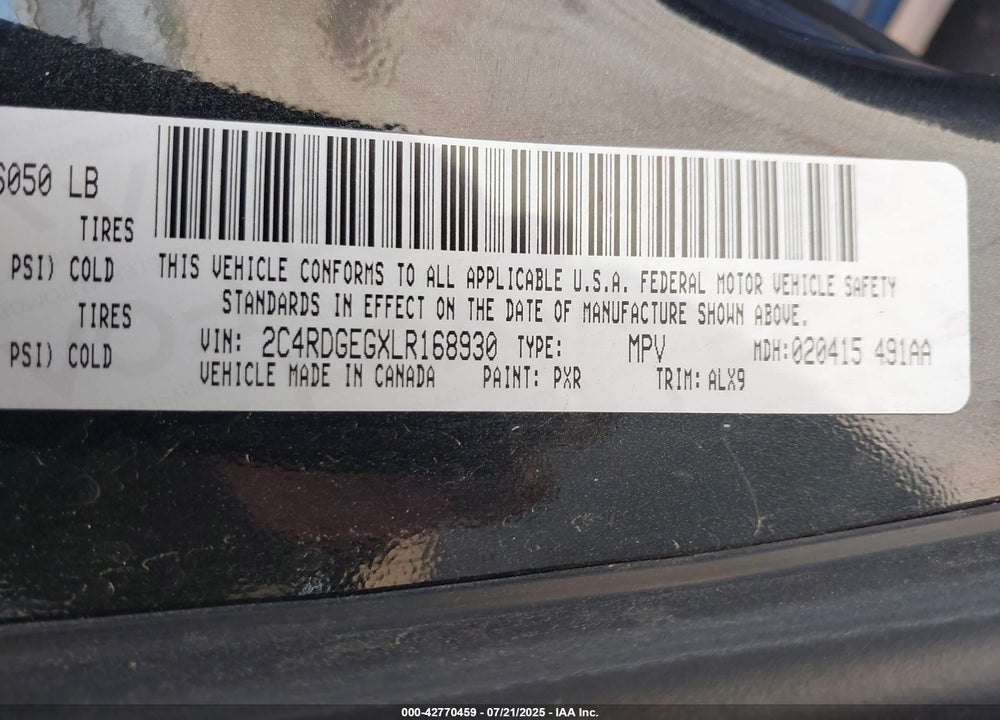 2020 DODGE GRAND CARAVAN GT VIN: 2C4RDGEGXLR168930