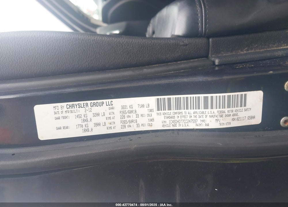 2012 DODGE DURANGO VIN: 1C4SDHDT7CC247597