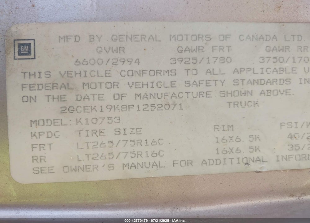 1993 CHEVROLET GMT-400 K1500 VIN: 2GCEK19K8P1252071