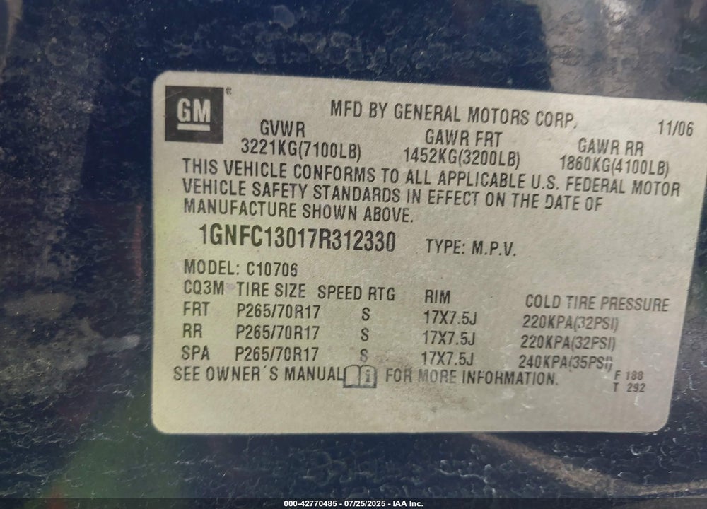 2007 CHEVROLET TAHOE VIN: 1GNFC13017R312330