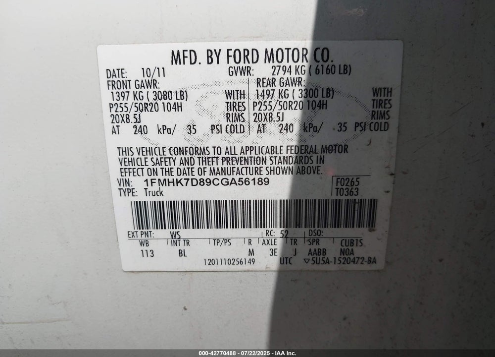 2012 FORD EXPLORER VIN: 1FMHK7D89CGA56189