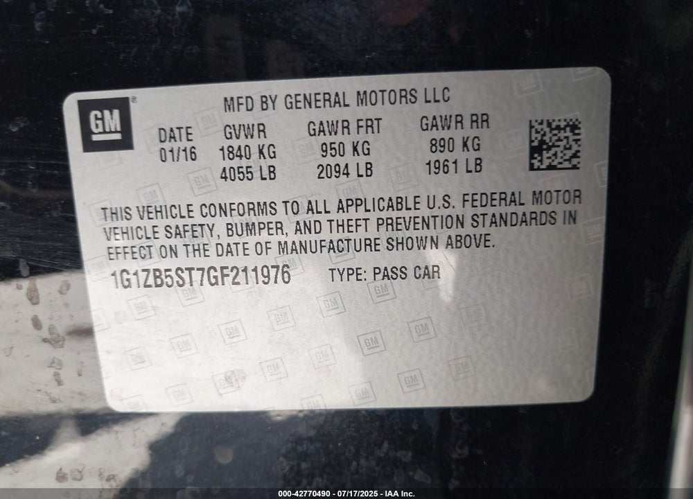 2016 CHEVROLET MALIBU VIN: 1G1ZB5ST7GF211976