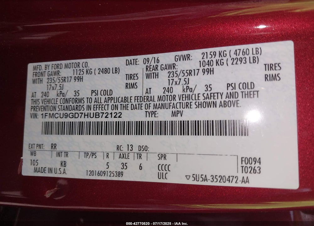 2017 FORD ESCAPE VIN: 1FMCU9GD7HUB72122