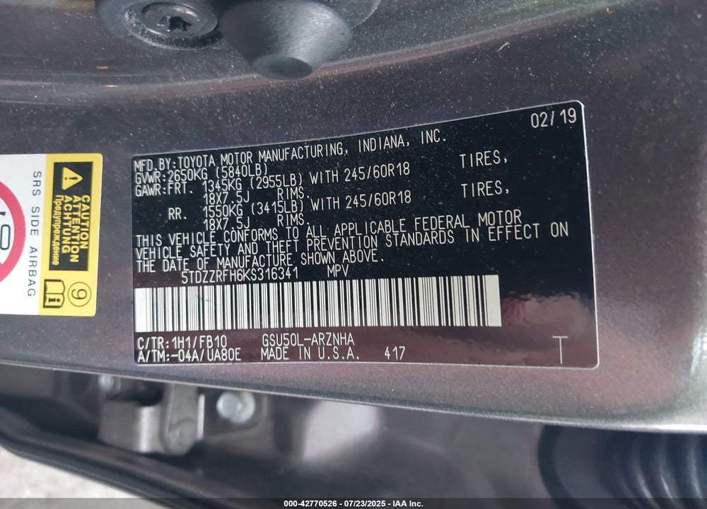 2019 TOYOTA HIGHLANDER VIN: 5TDZZRFH6KS316341