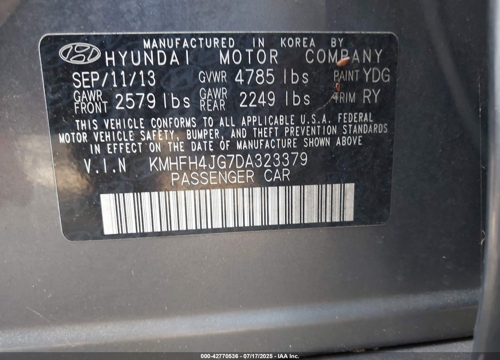 2013 HYUNDAI AZERA VIN: KMHFH4JG7DA323379