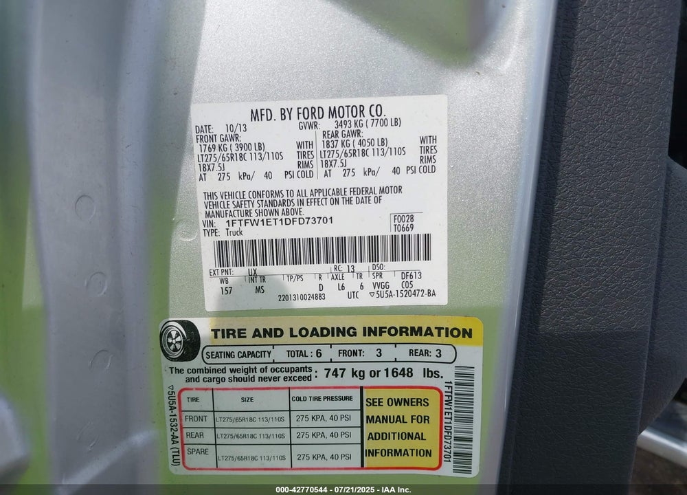 2013 FORD F-150 VIN: 1FTFW1ET1DFD73701