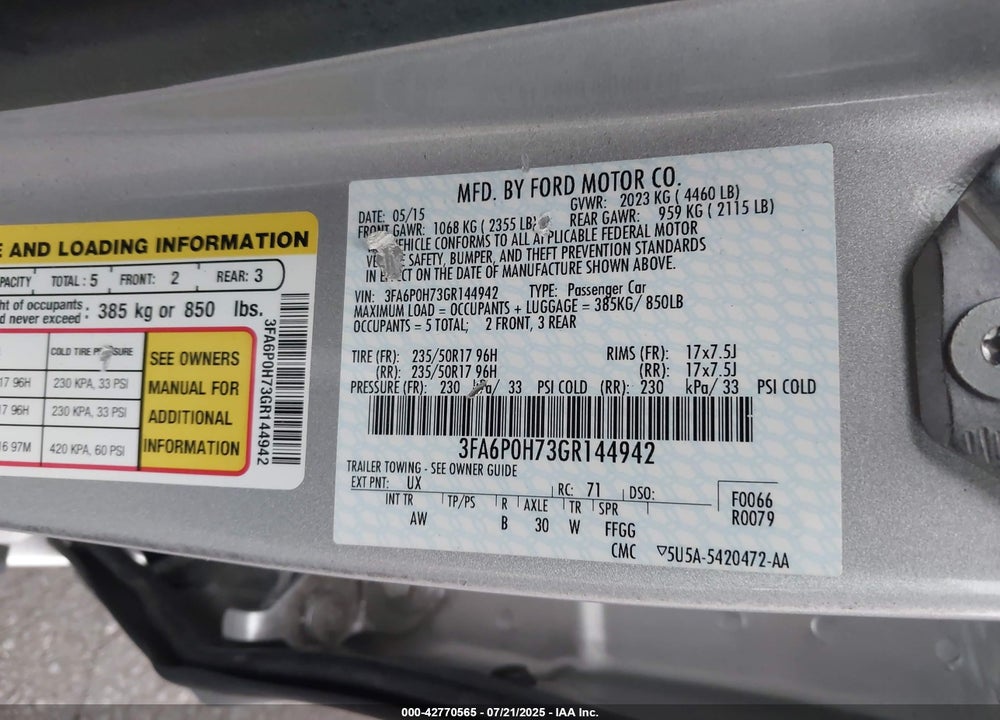 2016 FORD FUSION VIN: 3FA6P0H73GR144942