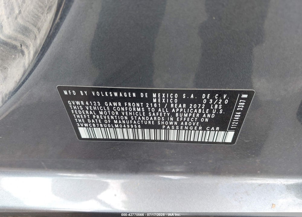 2020 VOLKSWAGEN JETTA VIN: 3VWCB7BU0LM049956