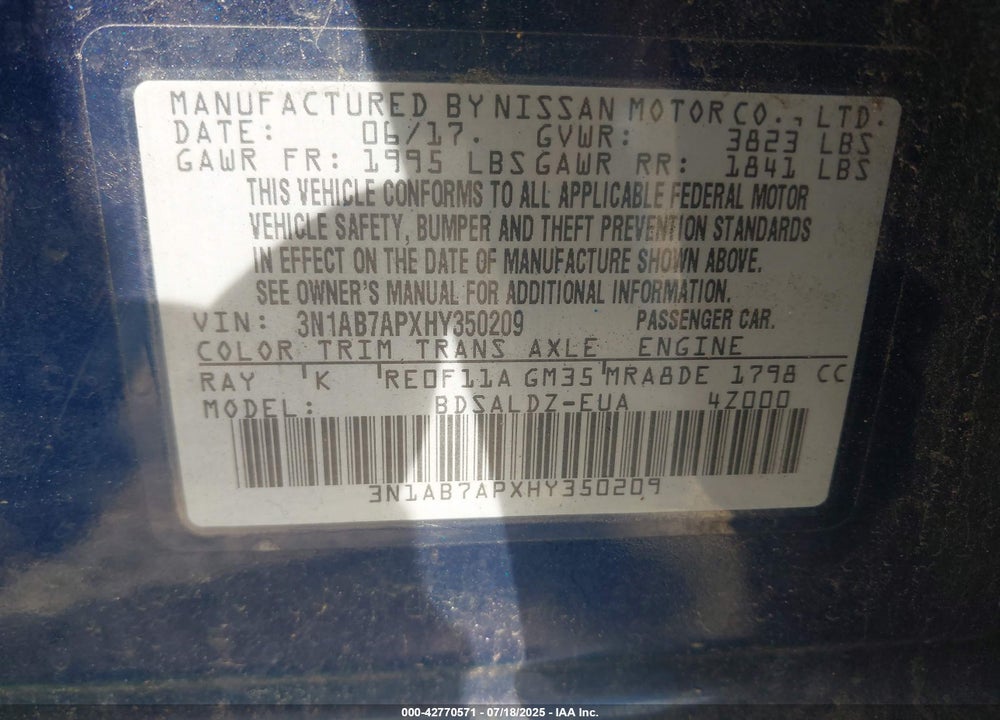 2017 NISSAN SENTRA VIN: 3N1AB7APXHY350209