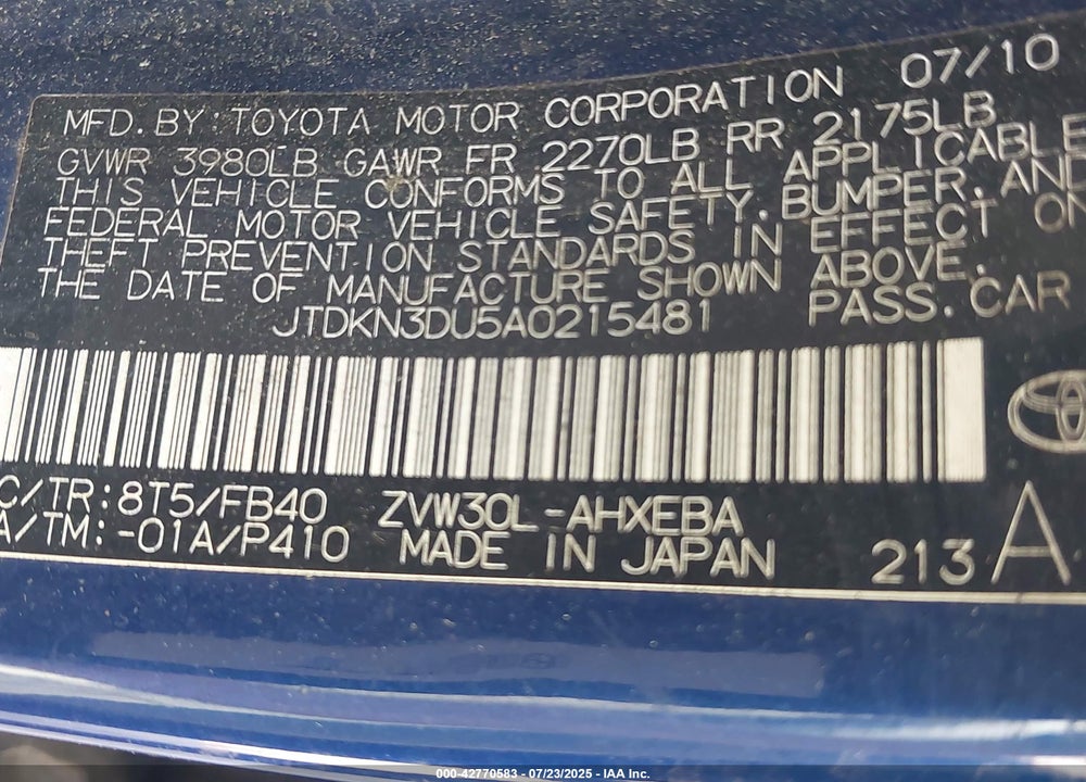 2010 TOYOTA PRIUS VIN: JTDKN3DU5A0215481
