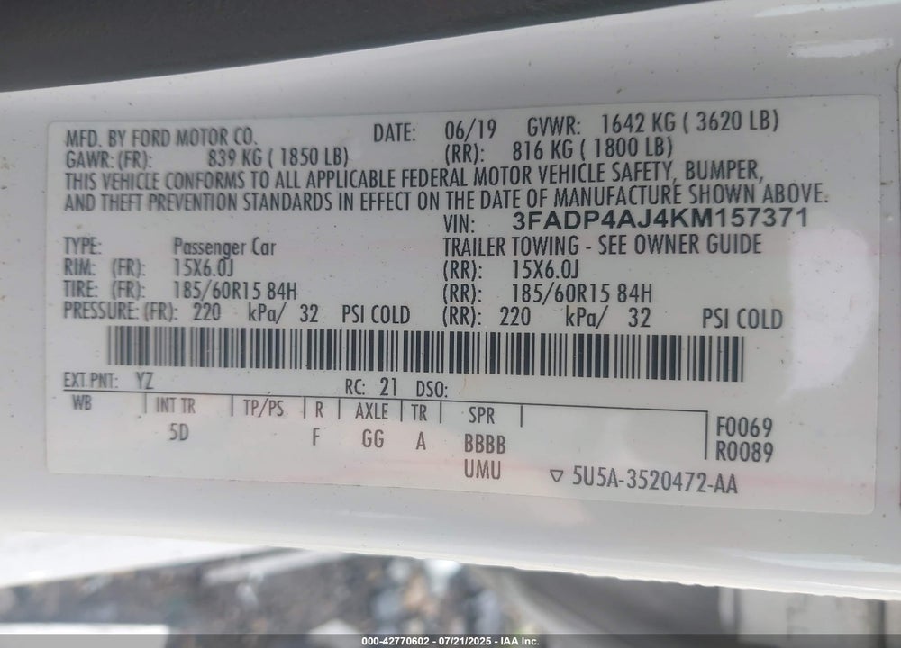 2019 FORD FIESTA VIN: 3FADP4AJ4KM157371