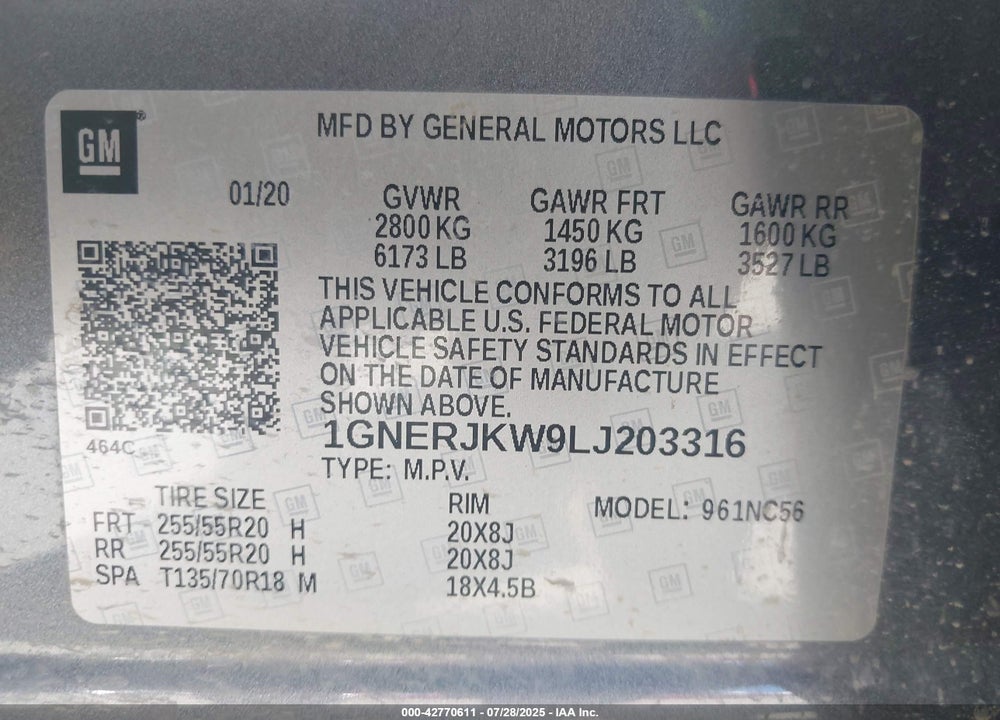 2020 CHEVROLET TRAVERSE VIN: 1GNERJKW9LJ203316