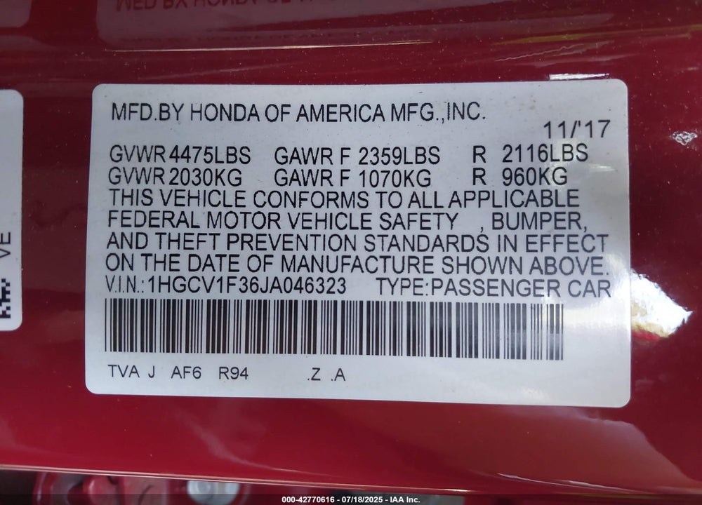 2018 HONDA ACCORD VIN: 1HGCV1F36JA046323