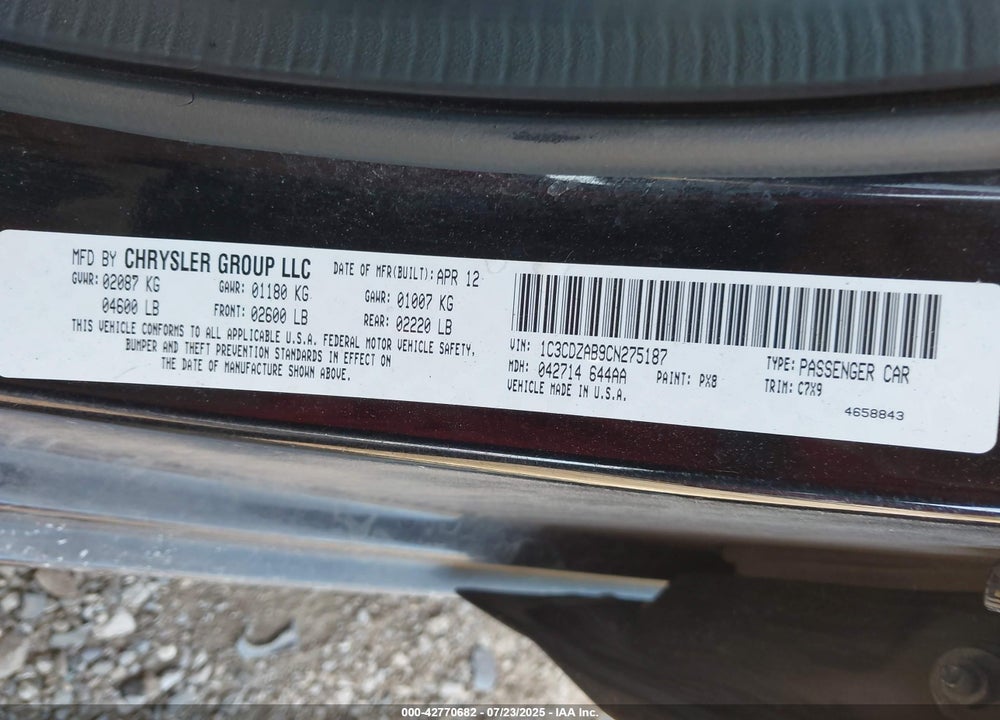 2012 DODGE AVENGER VIN: 1C3CDZAB9CN275187