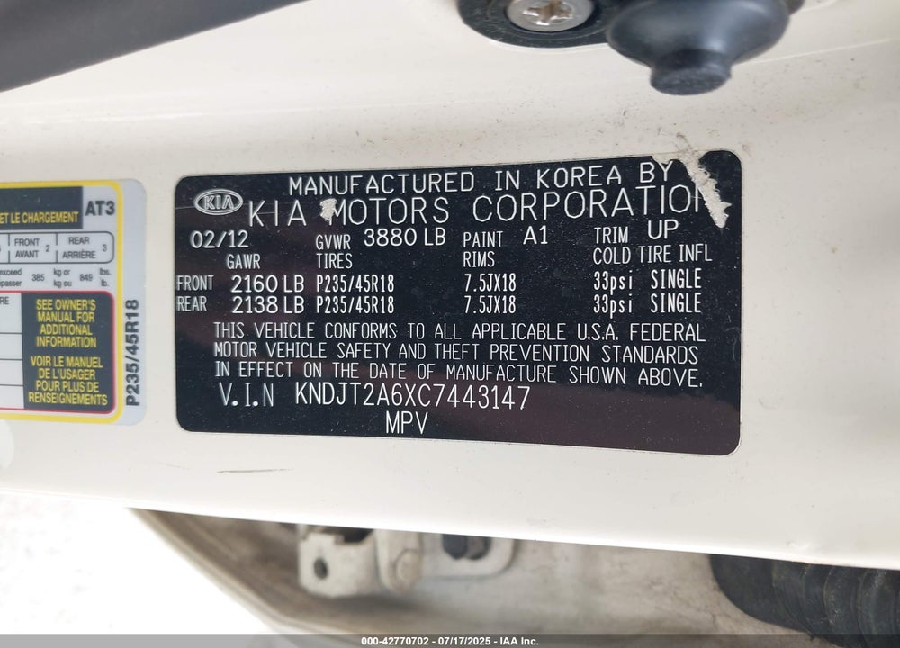 2012 KIA SOUL VIN: KNDJT2A6XC7443147
