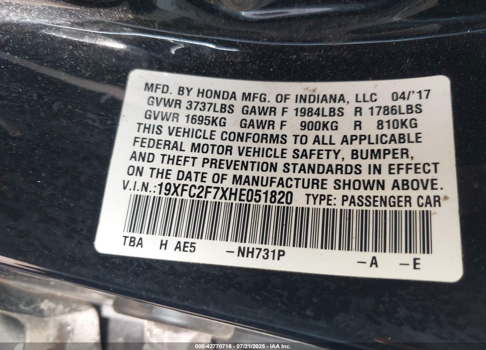 2017 HONDA CIVIC EX VIN: 19XFC2F7XHE051820