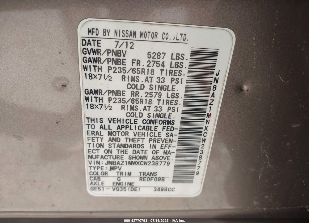 2012 NISSAN MURANO VIN: JN8AZ1MWXCW238779