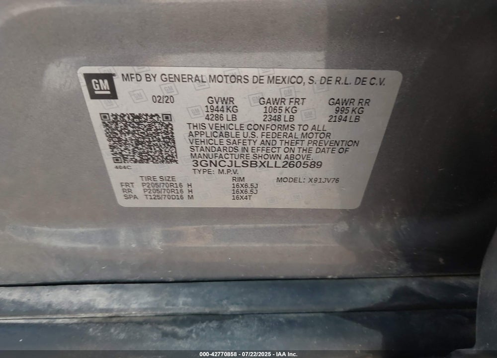 2020 CHEVROLET TRAX VIN: 3GNCJLSBXLL260589