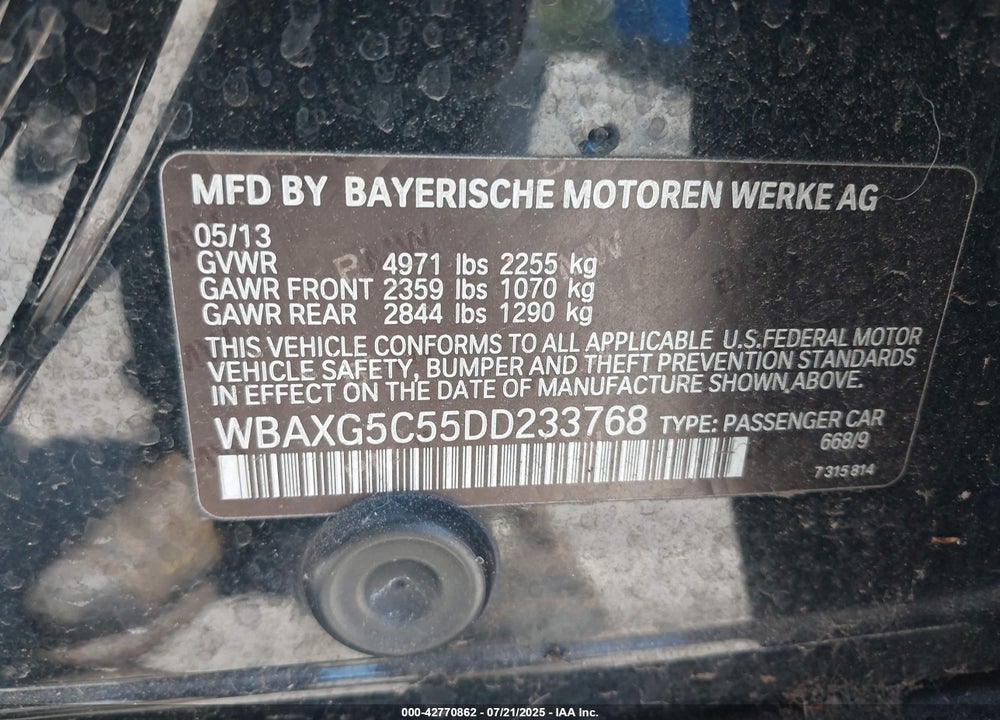 2013 BMW 5 SERIES VIN: WBAXG5C55DD233768