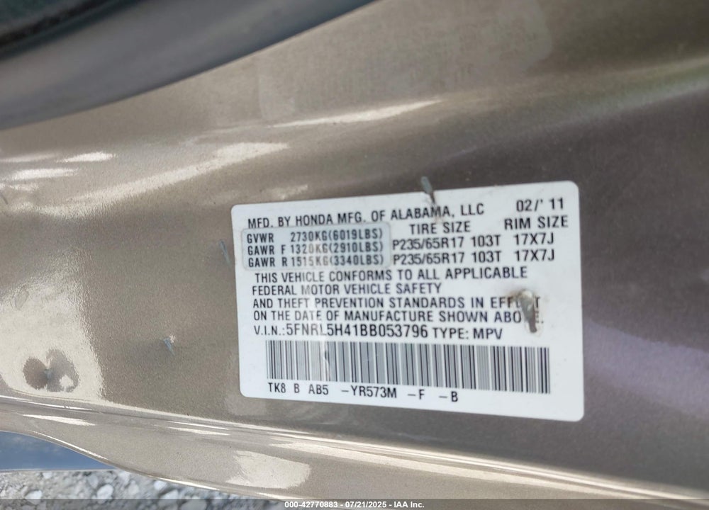 2011 HONDA ODYSSEY EX VIN: 5FNRL5H41BB053796