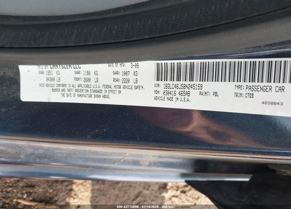2008 DODGE AVENGER VIN: 1B3LC46J58N245159